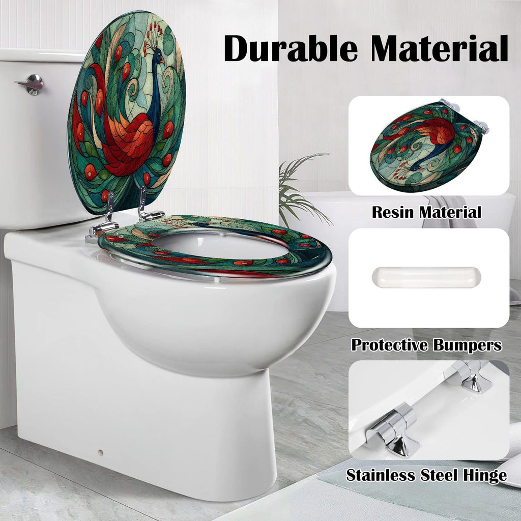 Elongated Toilet Seat Sleek Stained Glass Geometric Tail Green Blue Resin Toilet Seat Slow Quiet Close Lid with Quick-Release Hinges Cover Bumpers Easy to Clean Install