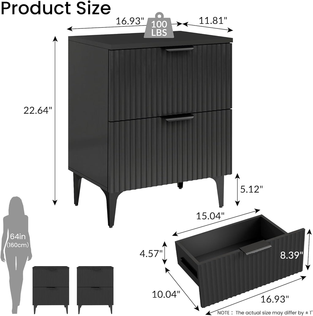 SUNWAVE Black Fluted Nightstand Set of 2, Modern Night Stands with 2 Drawers, Bedside Table for Twin/Full/Queen Bed, End Table with Robot-Friendly Metal Legs for Bedroom, Living Room