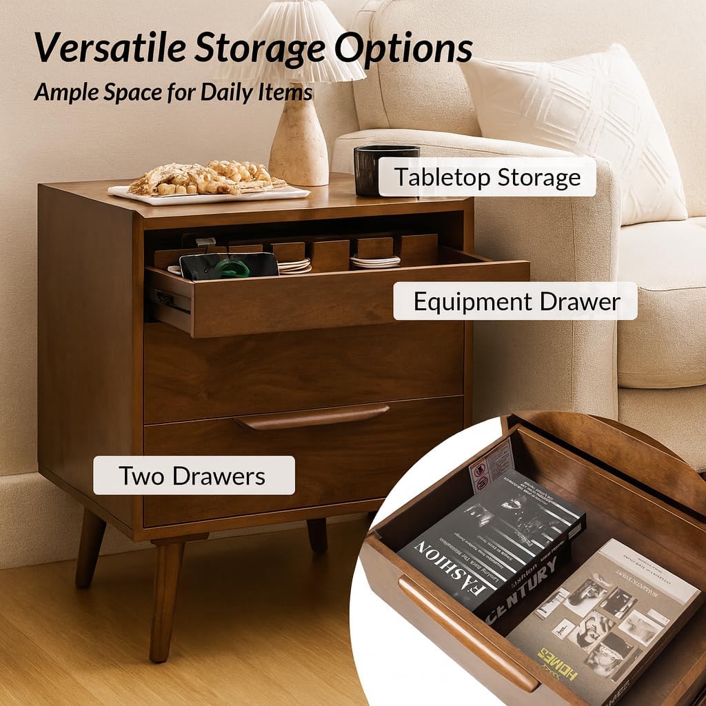 HULALA HOME 2 Drawer End Table with Pull-Out Shelf, Mid-Century Modern End Tables with Wood Legs, Wood Side Table with Charging Station(Walnut)