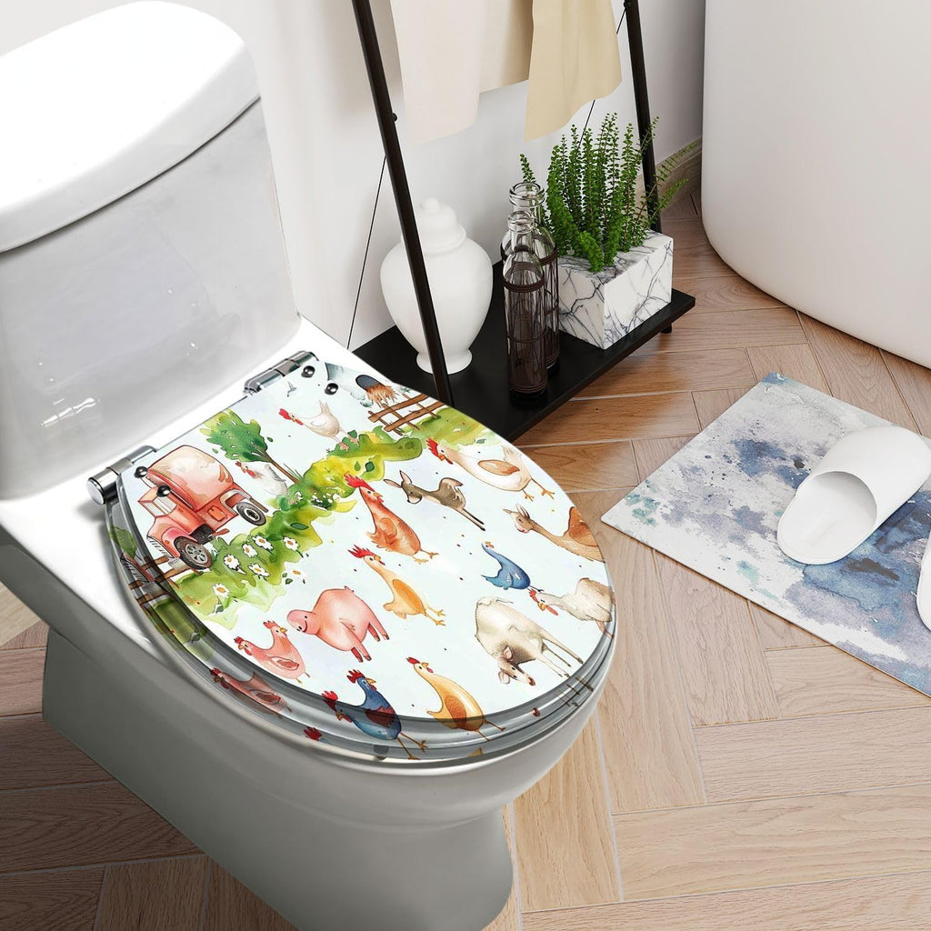 Round Toilet Seat Watercolor farm animals hen cow horse chicken red green blue for baby Resin Toilet Seat Slow Quiet Close with Quick-Release Hinges Toilet Seat with Cover Easy to Clean Install