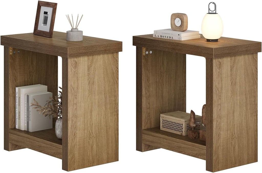 End Tables Set of 2 for Living Room, Narrow Side Tables with Storage Shelves, Square End Table for Bedroom, Slim Nightstand, Skinny Rectangle Accent Table, Farmhouse Bedside Table, Brown (2 Pieces)