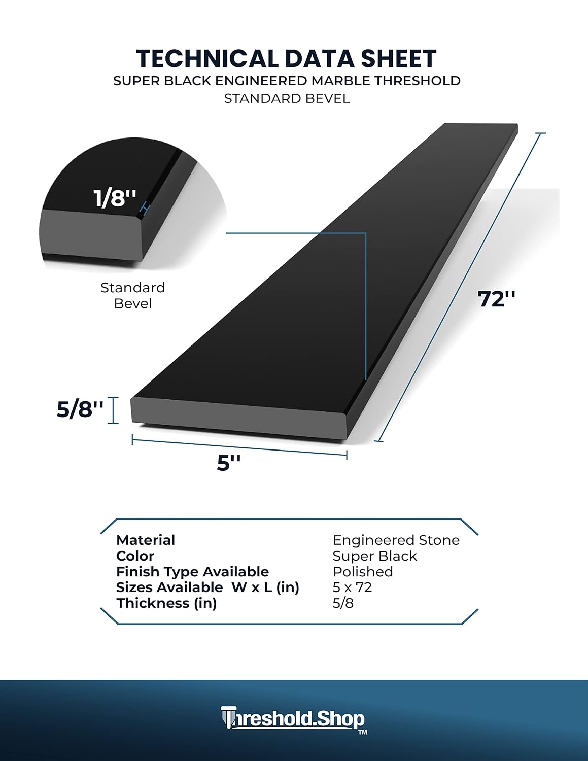 Super Black Engineered Marble Threshold for Shower Curb, Bathroom Vanity Backsplash, Window Sill, Door Transitions (5' x 72')