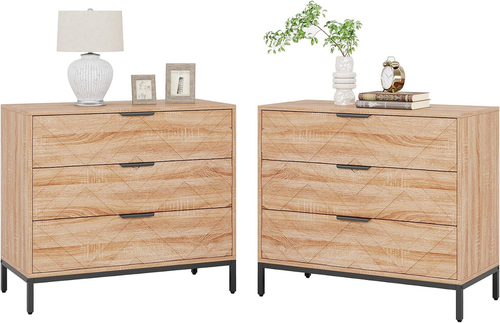 Tribesigns Wooden Nightstand Set of 2 with 3 Drawers, 31' Wide Night Stand with Metal Legs, Modern Large Bedside End Table for Bedroom, Living Room