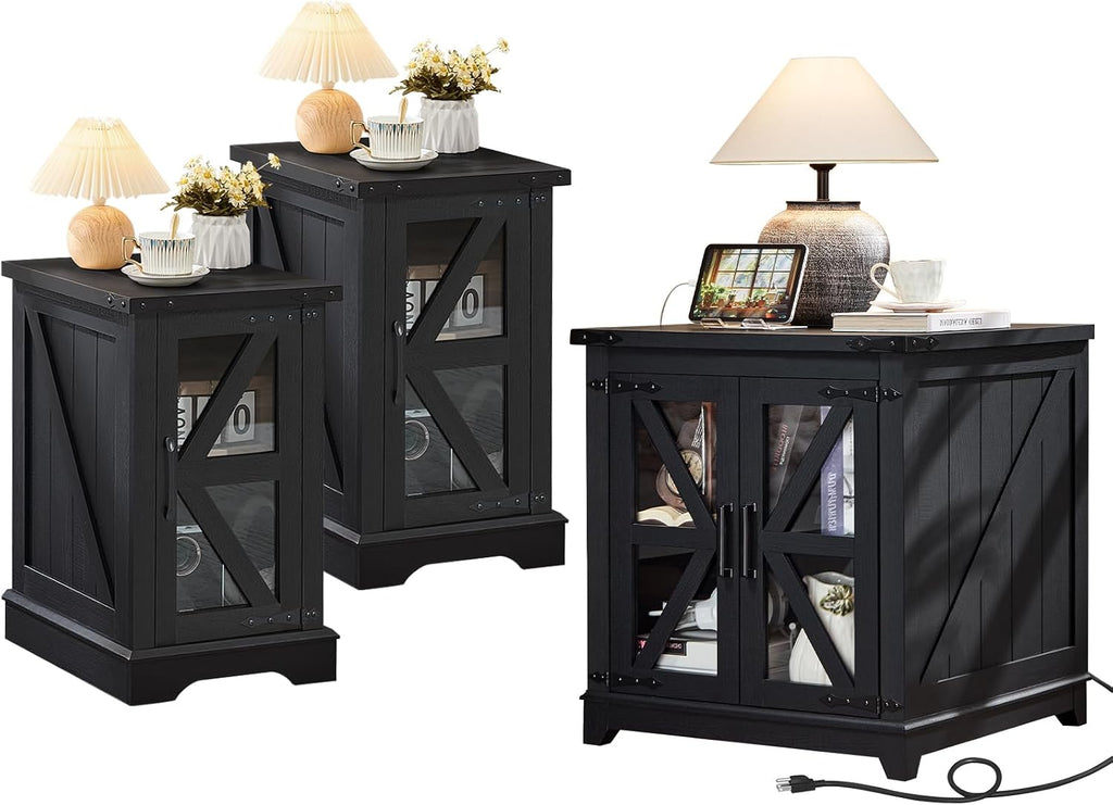 Joaxswe Farmhouse End Table Set 3, Narrow 18'' Night Stand with Glass Barn Door, 24' Square Side Table with Charger Station, Living Room Furniture Sets, Wood Nightstand Bedside Tables for Bedroom