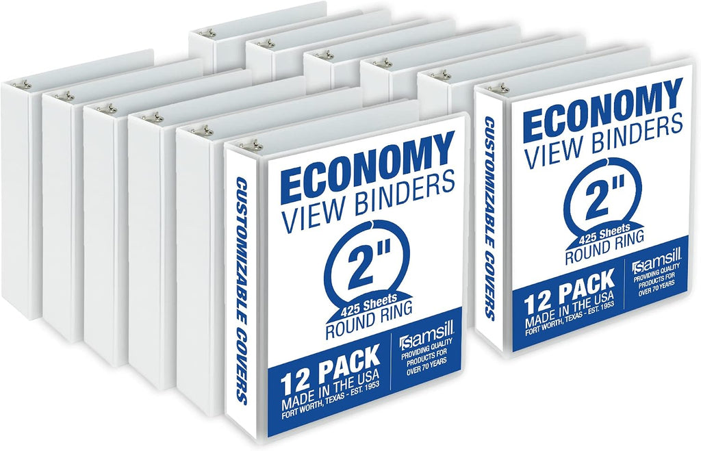 Samsill Economy 2 Inch 3 Ring Binder, Round Ring Binder, Black, 12 Pack (MP128560) & Economy 2 Inch 3 Ring Binder, Round Ring Binder, White, 12 Pack (MP128567)