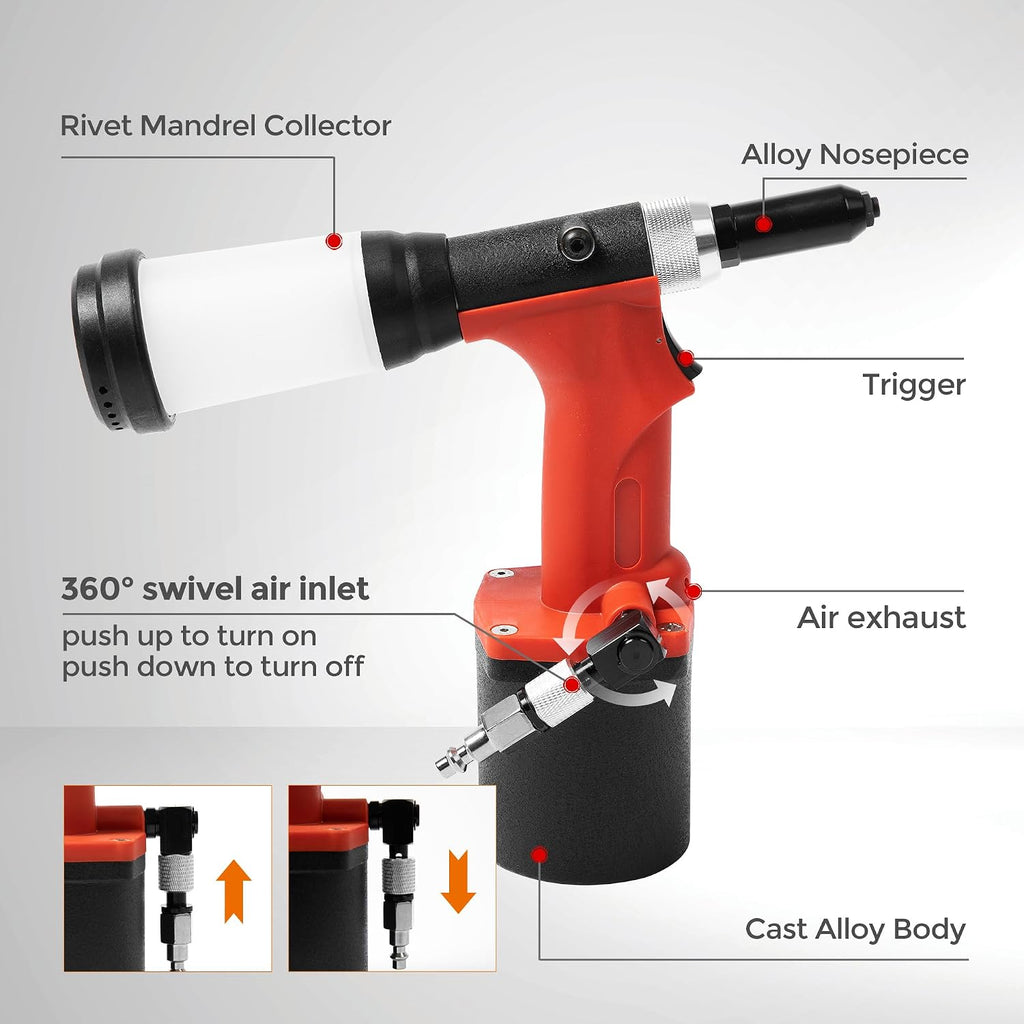 Pneumatic Hydraulic Pop Rivet Gun, Self-Suction Air Riveter Riveting Tool with 100 pcs Blind Rivets and 3/32' 1/8' 5/32' 3/16' Nose Pieces
