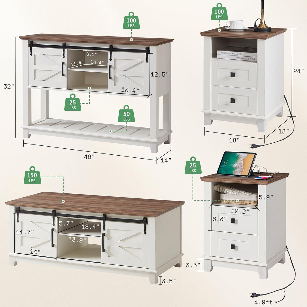 AMERLIFE Farmhouse 4-Piece Living Room Set, Entryway Console with Adjustable Shelves, Pair of 18' End Tables with Charging Station, Large Rectangular Coffee Table with Sliding Barn Doors, Rustic White