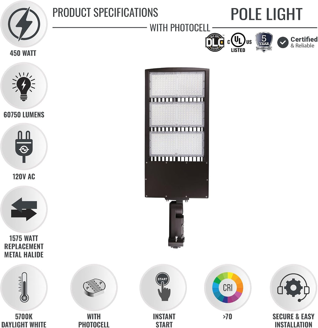 Ledmyplace LED Parking lot Light, 450W Shoebox Light with Dusk to Dawn Photocell, 60750LM, 5700K Daylight, 120-277V, IP65 Waterproof, Commercial Street & Area Lighting for Sports, Stadium,