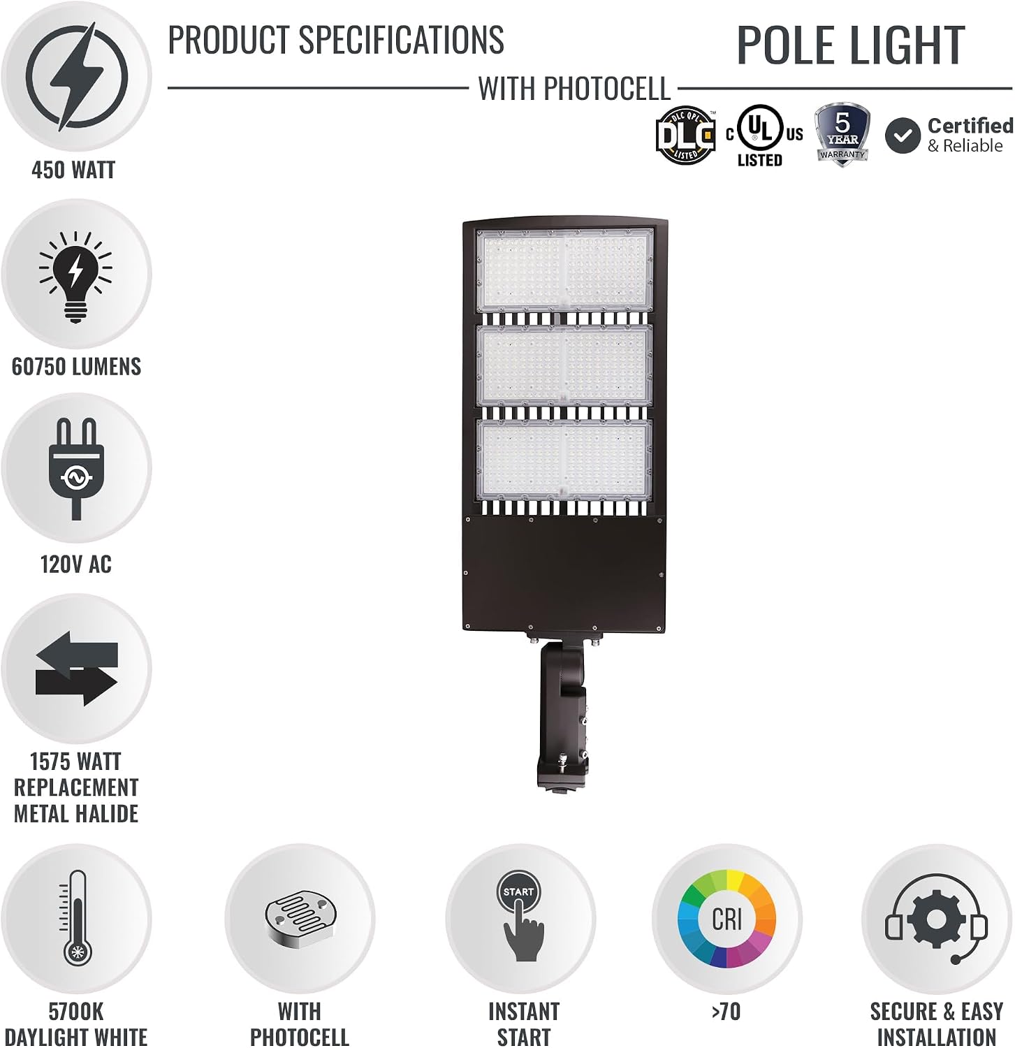 Ledmyplace LED Parking lot Light, 450W Shoebox Light with Dusk to Dawn Photocell, 60750LM, 5700K Daylight, 120-277V, IP65 Waterproof, Commercial Street & Area Lighting for Sports, Stadium,
