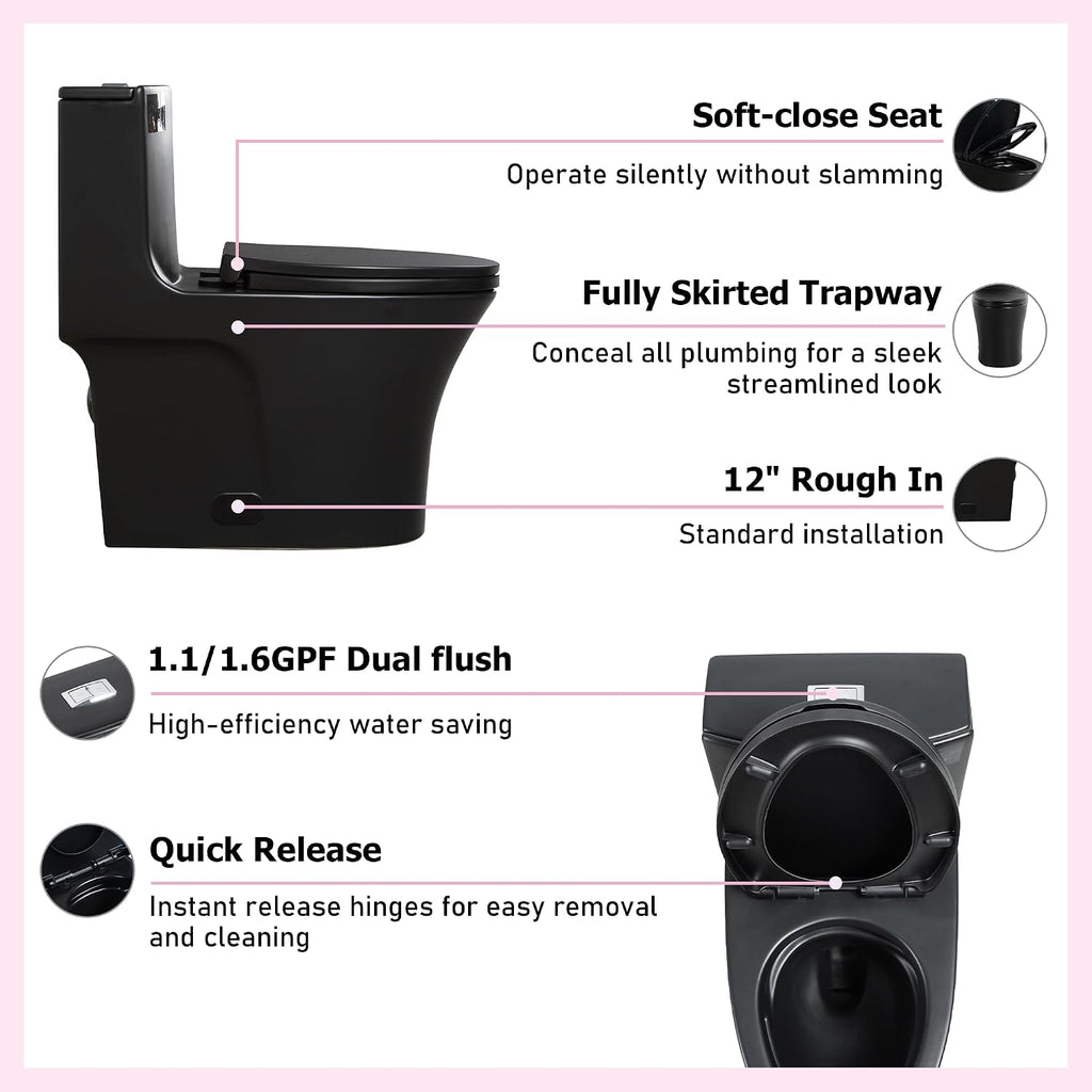 Dual Flush One Toilet, Water Saving Elongated Comfort Height Floor Mounted, Soft Closing Seat, 1000 Gram Map Flushing SToilet, Matte Black