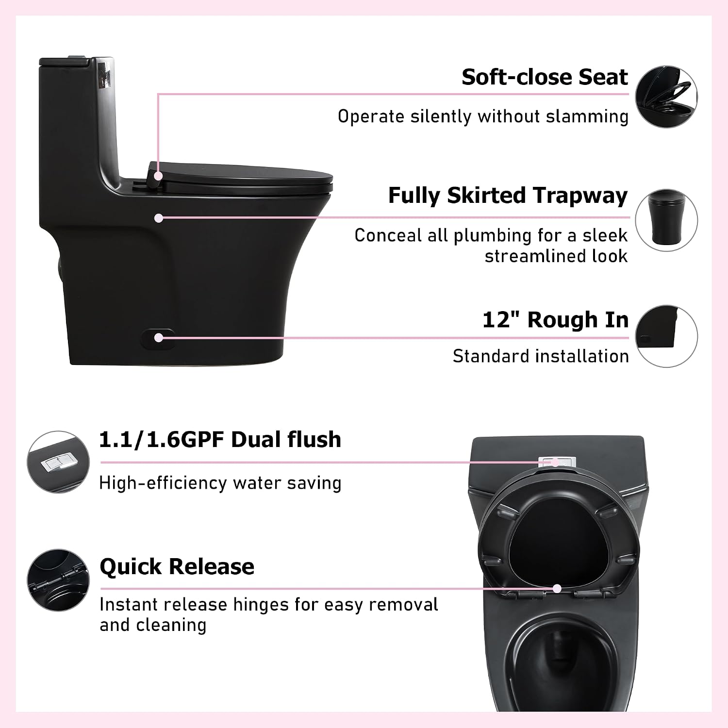 Dual Flush One Toilet, Water Saving Elongated Comfort Height Floor Mounted, Soft Closing Seat, 1000 Gram Map Flushing SToilet, Matte Black