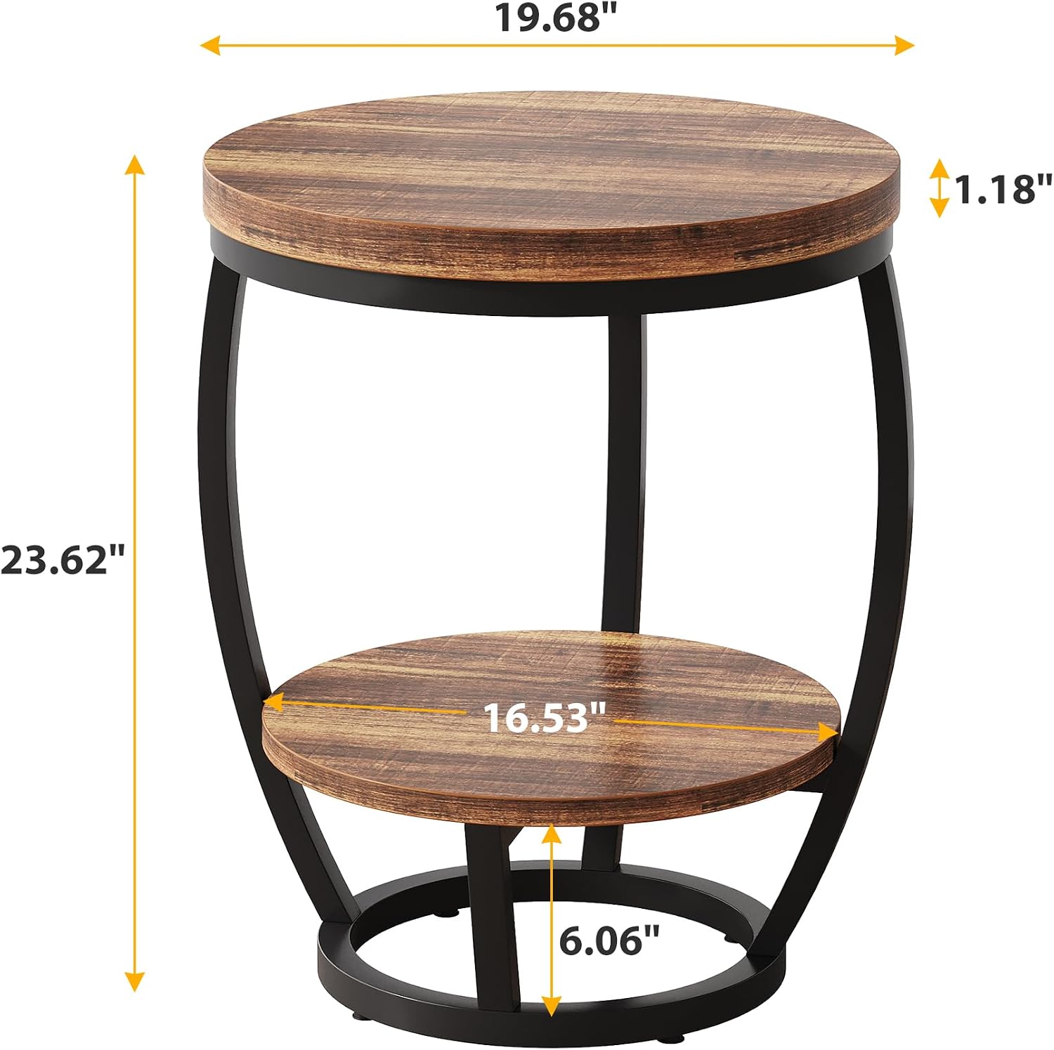 Round End Table Set of 2, 2 Tier Industrial Side Table, Nightstand with Metal Frame, Accent Bedside Table with Storage Shelves for Living Room, Bedroom, Small Spaces, Rustic Brown & Black