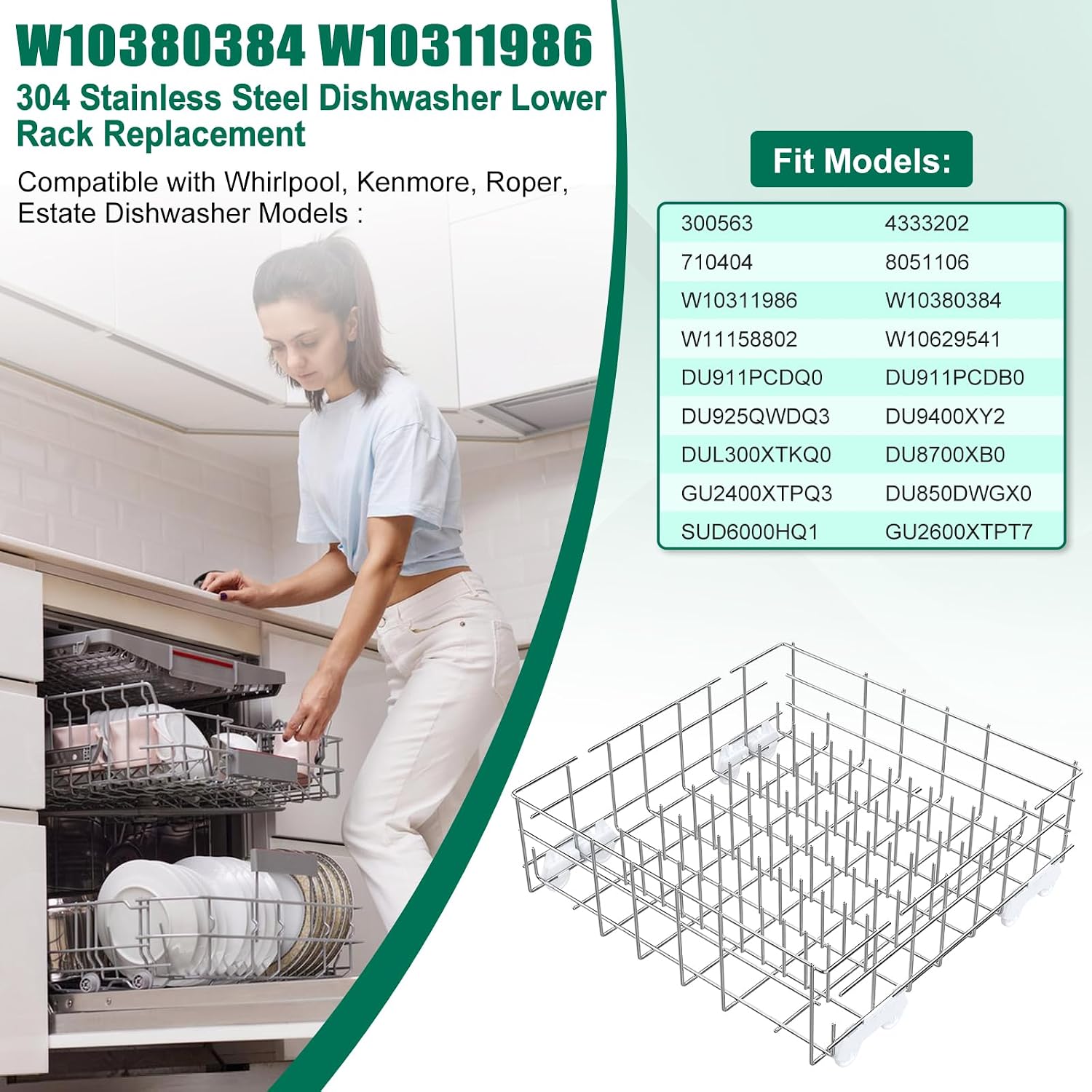 Upgraded 304 Stainless Steel W10311986 W10380384 Dishwasher Lower Rack Replacement for Whirlpool Dishwasher Bottom Rack 300563, DU911PCDQO with WP3376961 Wheels