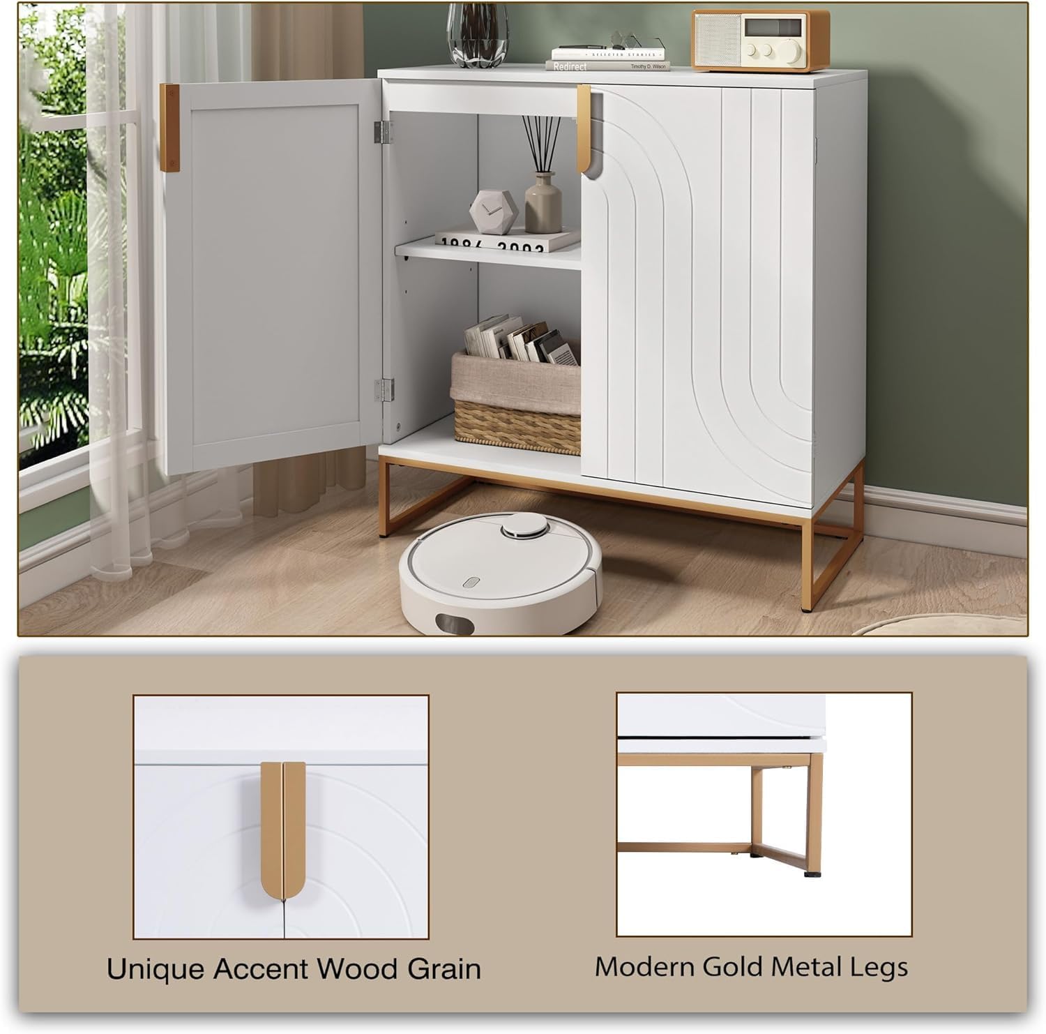 HLR 2PCS Sideboard Buffet Cabinet with Storage, Modern Accent Cabinet Adjustable Shelves Wooden Storage Cabinets for Kitchen, Dining Room, Living Room, Coffee Bar, Garage, Entryway, White