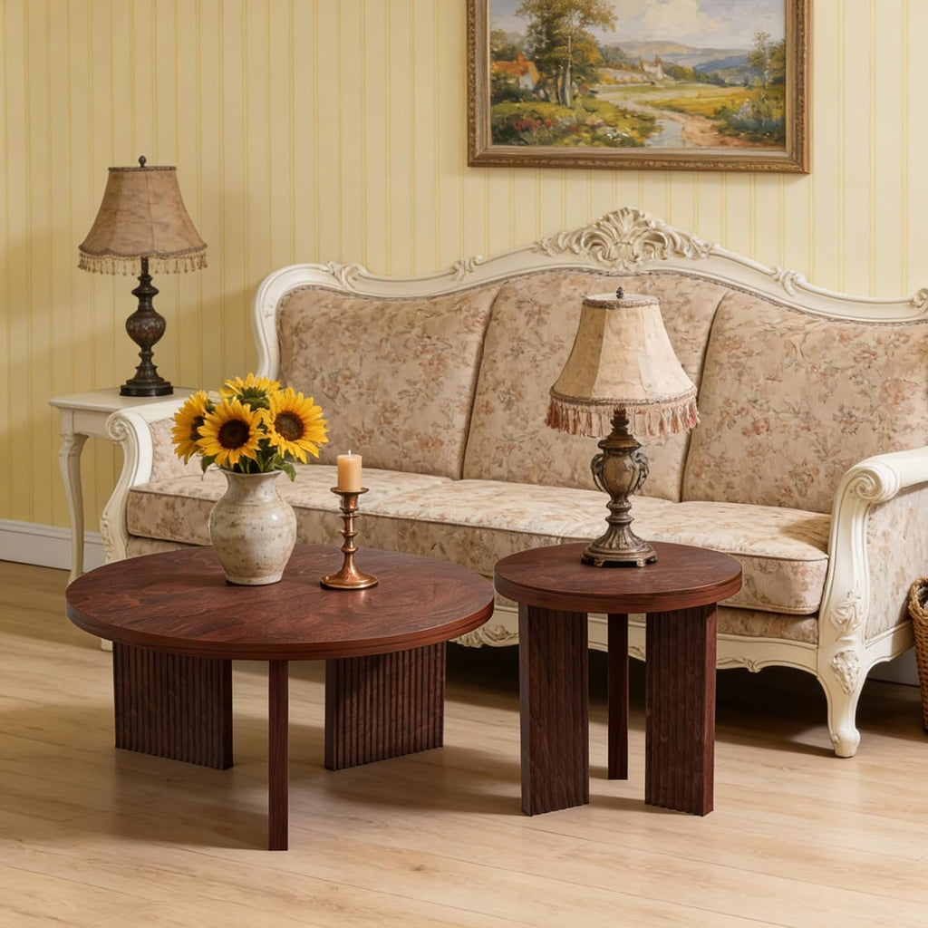 Nesting Coffee Table Set of 2, Modern Wooden Coffee Table with Smooth Thick Design, Circle Tea Table and End Table Set, Accent Center Tables for Living Room, Office, Burgundy