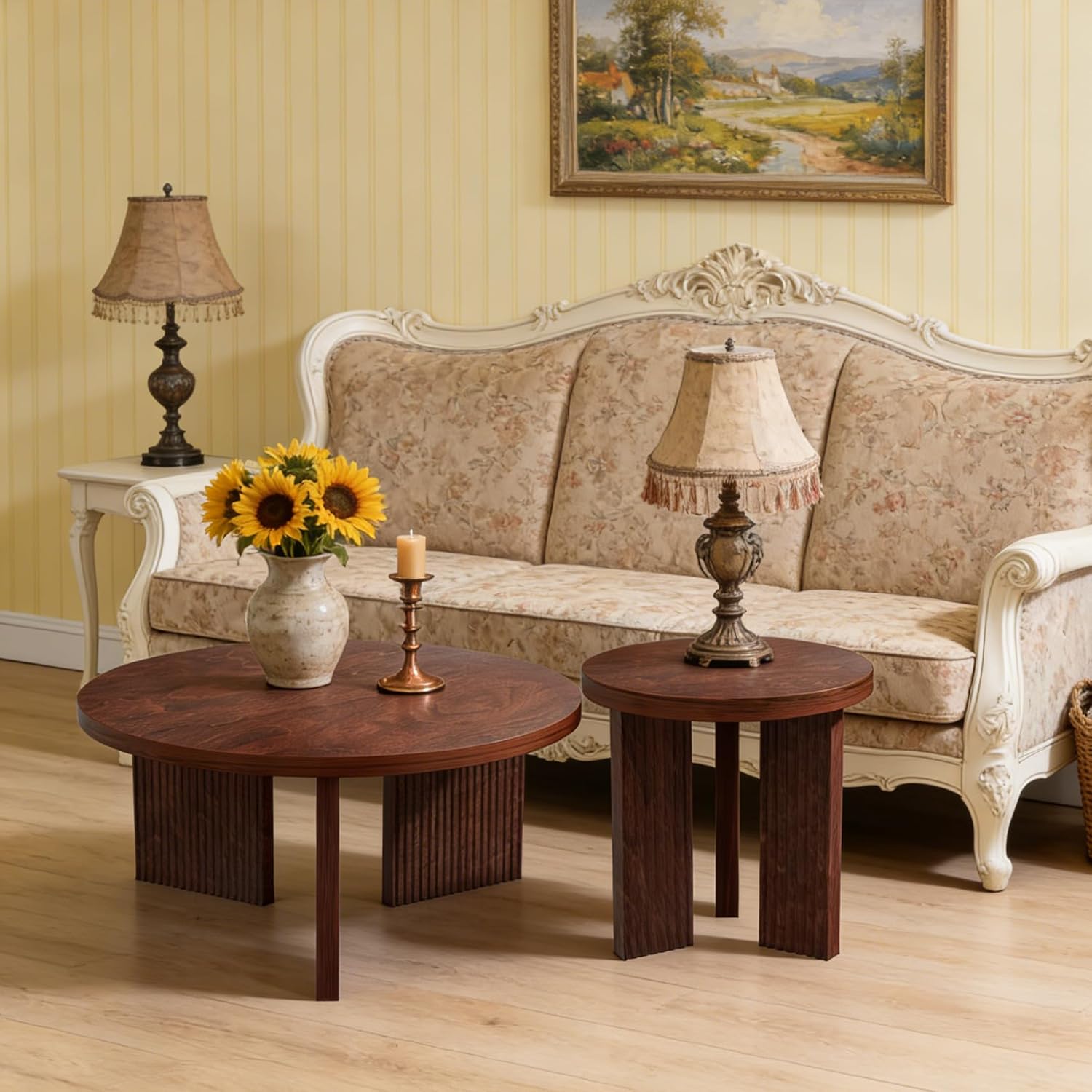 Nesting Coffee Table Set of 2, Modern Wooden Coffee Table with Smooth Thick Design, Circle Tea Table and End Table Set, Accent Center Tables for Living Room, Office, Burgundy