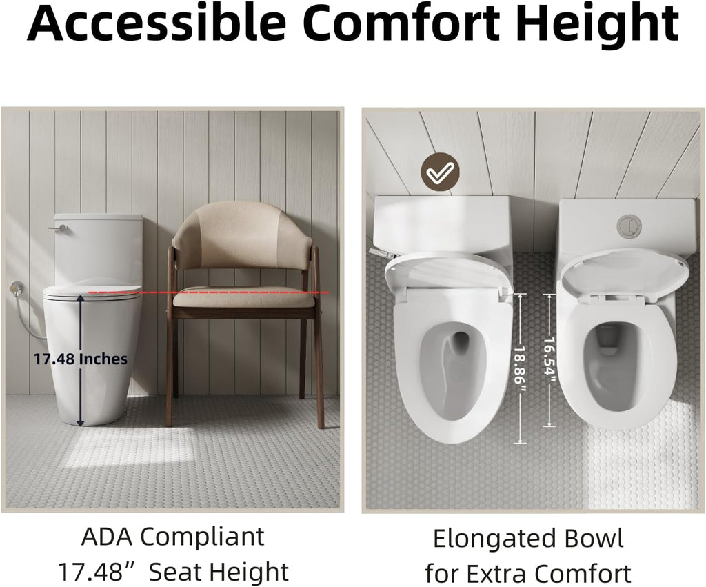 17.5' ADA Comfort Height Two Piece Toilet For Bathroom, Los Flexi Chair Height Toilet, 1.28 GPF Single Flush, Elongated Bowl, Soft-Close Seat, 12' Rough-In, Half Skirted Design & Easy Installation