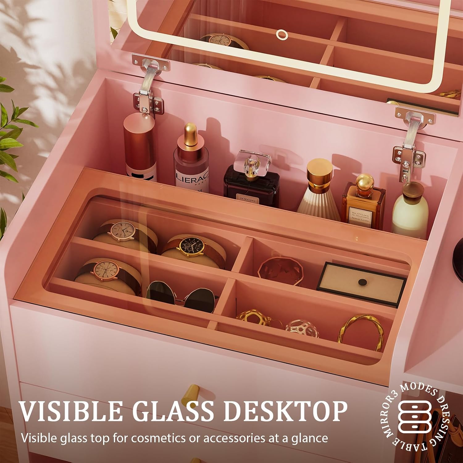 COMHOMA Makeup Vanity Desk with Mirror and Lights, Small 3 in 1 Vanity Table with Visible Glass Top, Flip Top & 3 Drawers, Compact Dressing with Storage Stool for Room or Office