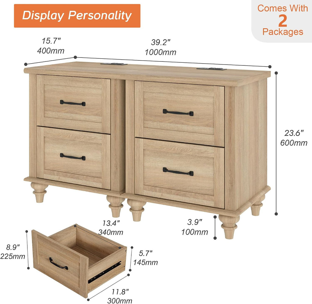 WAMPAT Nightstands Set of 2 Side Table with Charging Station, Light Wood End Tables with 2 Drawers for Living Room, Farmhouse Night Stand Bedside Table for Bedroom, Oak