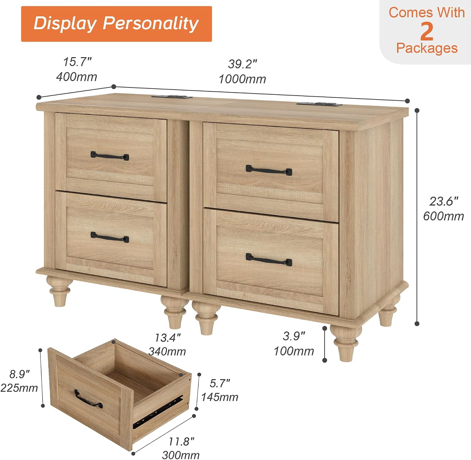 WAMPAT Nightstands Set of 2 Side Table with Charging Station, Light Wood End Tables with 2 Drawers for Living Room, Farmhouse Night Stand Bedside Table for Bedroom, Oak