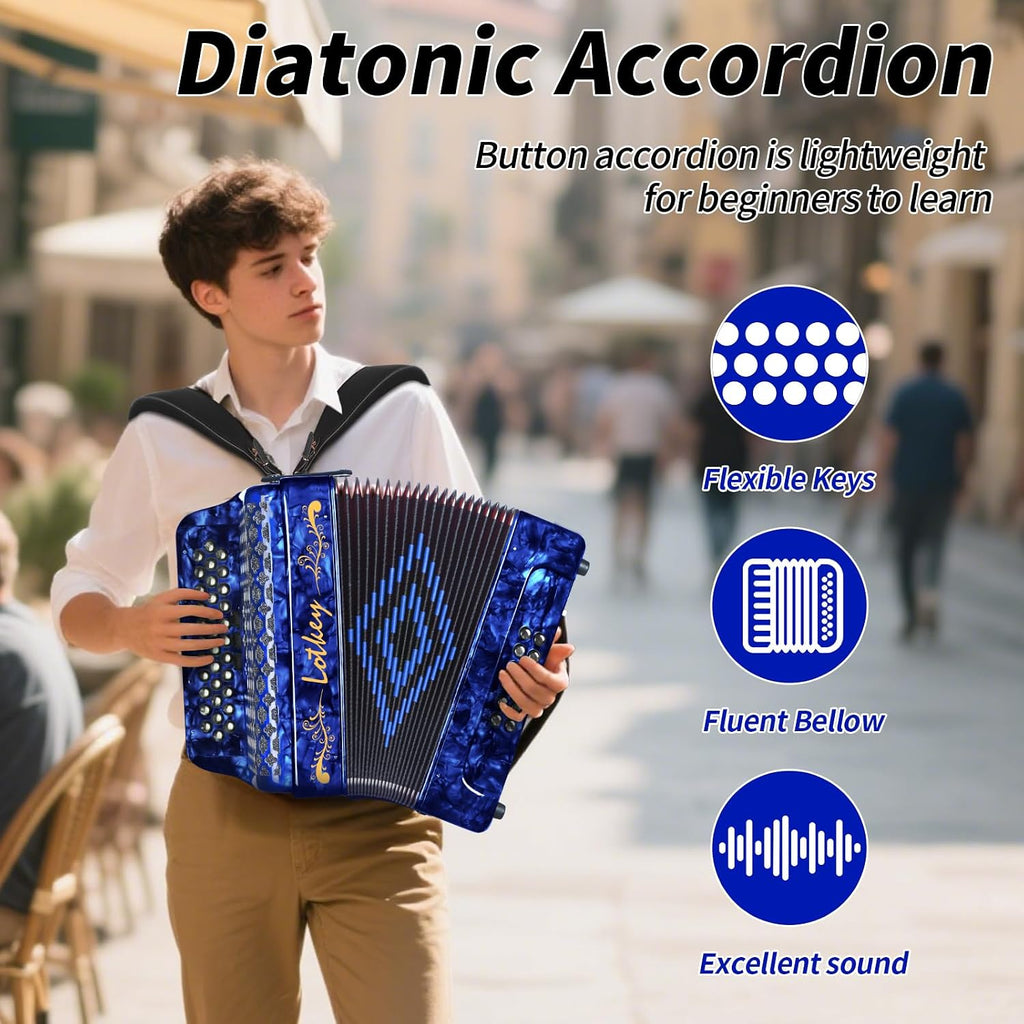 Lotkey 34 Key Diatonic Accordion, 3412 Multi Tone Celluloid Accordions Louder Clearer Timbre than Plastic for Adult, Beginner, Professional with Updated Bag, Straps, Acordeón Wrist Guard (FBE Blue)