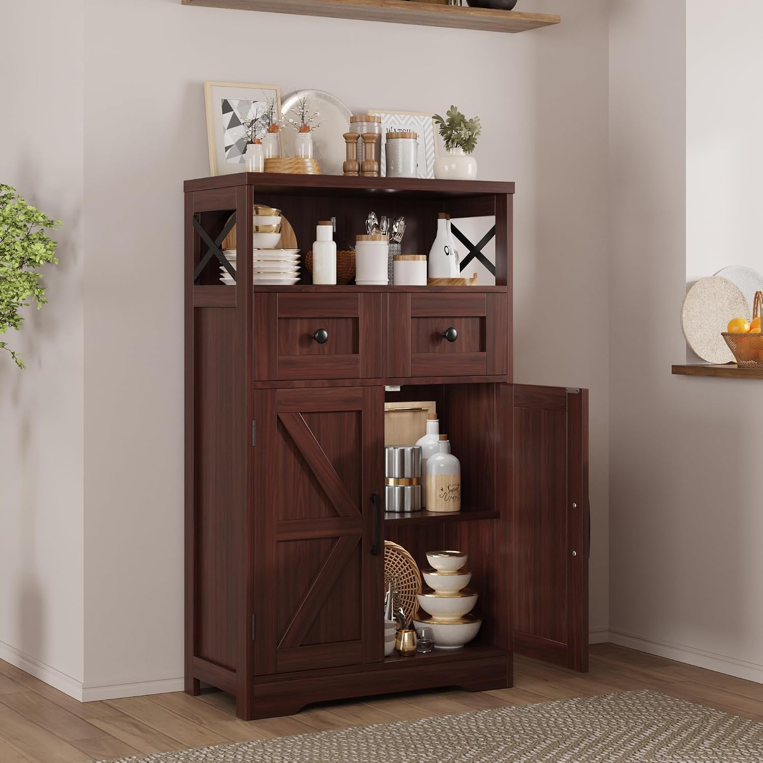 Dark Brown Storage Cabinet with Doors and Shelves - Farmhouse Kitchen Pantry Cabinet with Storage, Coffee Bar Station, Hutch Cupboard for Kitchen, Living Room, Home Office, Dining Room