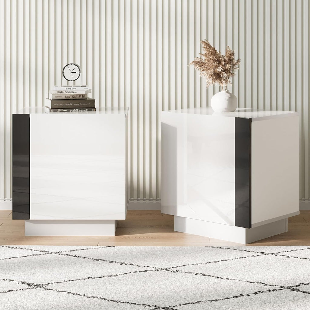 AMERLIFE 2PCS Entertainment Center Side Table Set with Storage, Modern High Gloss End Tables with 2 Cabinet Doors, for Living Room/Bedroom/Office, White/Black