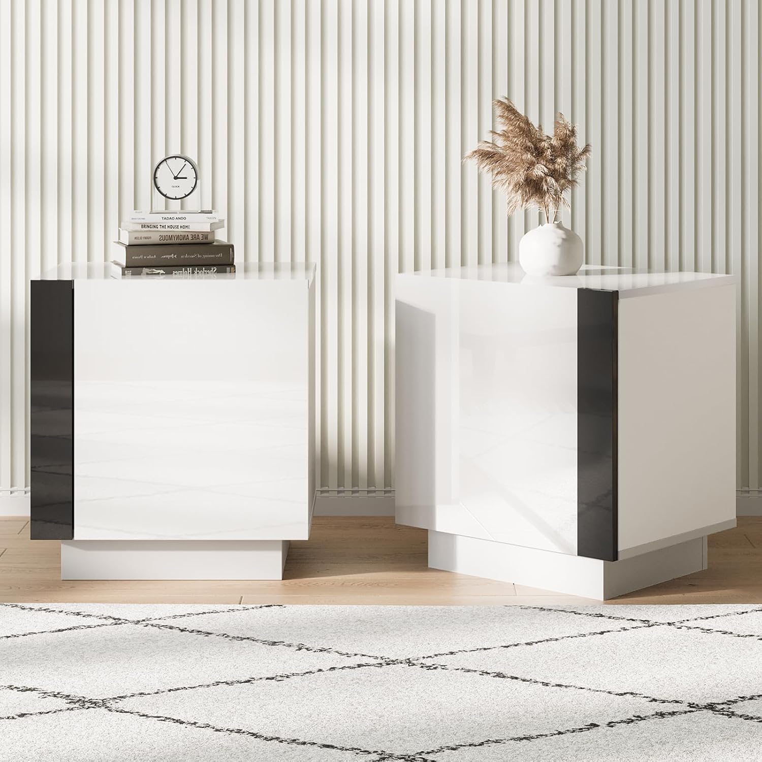 AMERLIFE 2PCS Entertainment Center Side Table Set with Storage, Modern High Gloss End Tables with 2 Cabinet Doors, for Living Room/Bedroom/Office, White/Black