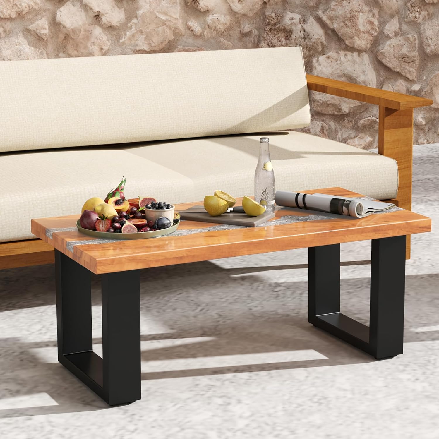 Giantex Teak Outdoor Coffee Table, Rectangular Resin Side Table with River Feel Epoxy Tabletop, Indoor Outdoor Solid Wood Center Table, Patio Table for Living Room, Poolside, Backyard