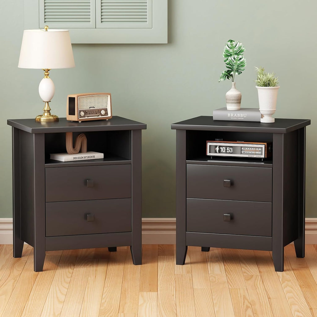 JSB Farmhouse Nightstand Set of 2, Night Stand with 2 Drawers,Open Shelf, End Table/Bed Side/Side Table for Bedroom, Kids Room, Living Room (Black, 18.7' W x 15' D x 23.8' H (2 Drawers))