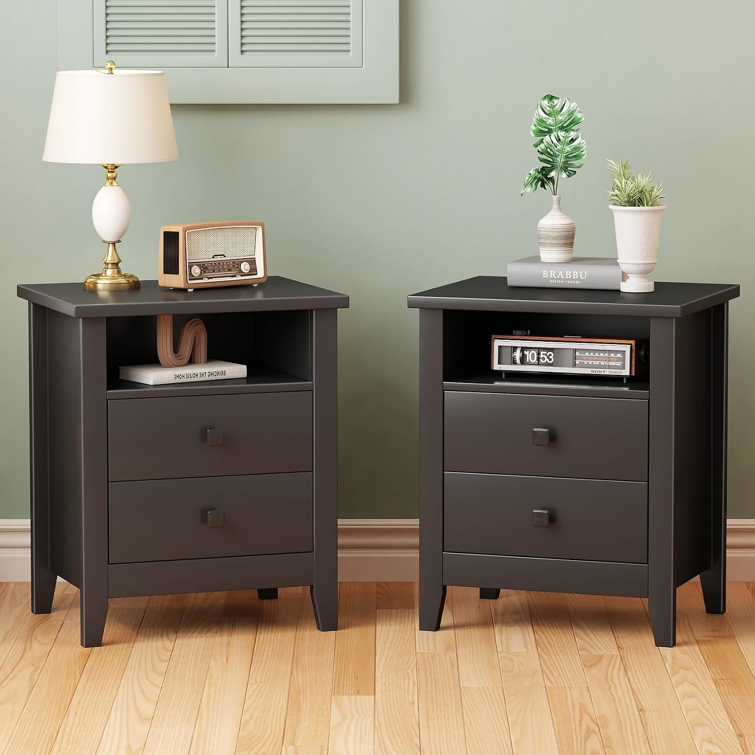 JSB Farmhouse Nightstand Set of 2, Night Stand with 2 Drawers,Open Shelf, End Table/Bed Side/Side Table for Bedroom, Kids Room, Living Room (Black, 18.7' W x 15' D x 23.8' H (2 Drawers))