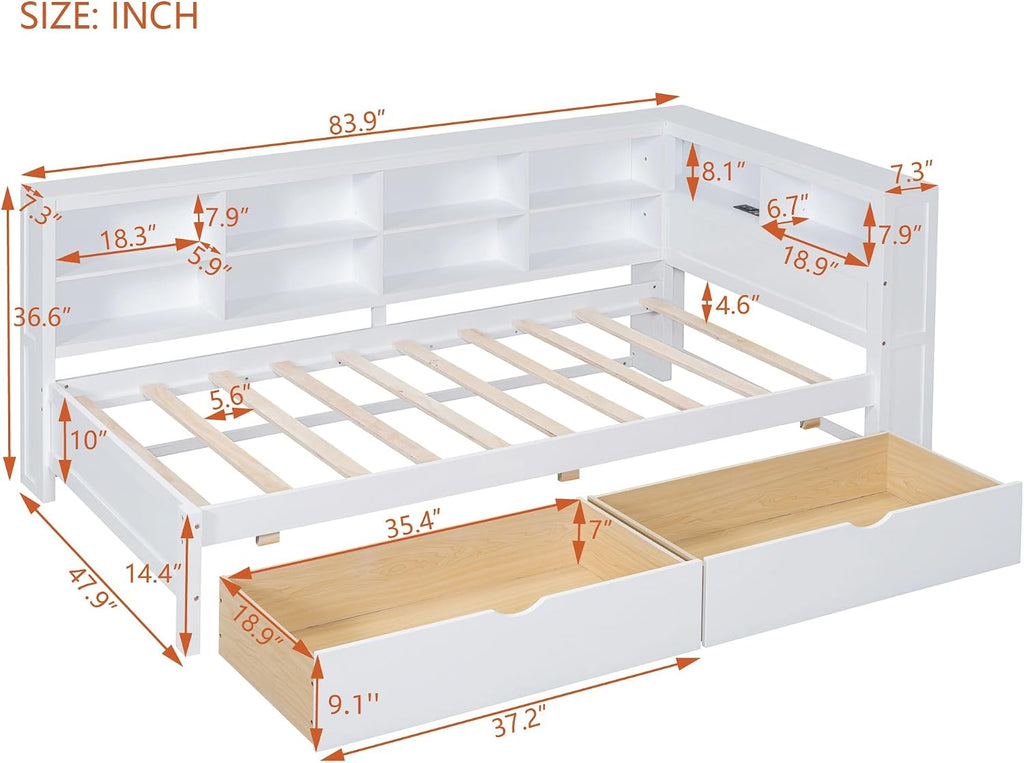 Harper & Bright Designs Twin Size Daybed with 2 Storage Drawers, Wooden Corner Bed Frame with Storage Shelf and USB Charging Ports for Kids Teens, White