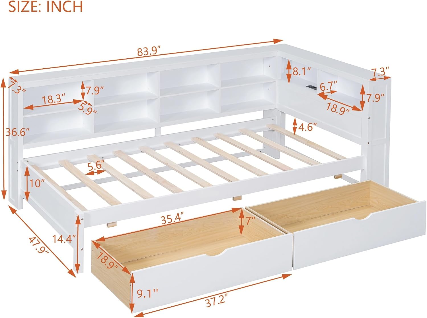 Harper & Bright Designs Twin Size Daybed with 2 Storage Drawers, Wooden Corner Bed Frame with Storage Shelf and USB Charging Ports for Kids Teens, White