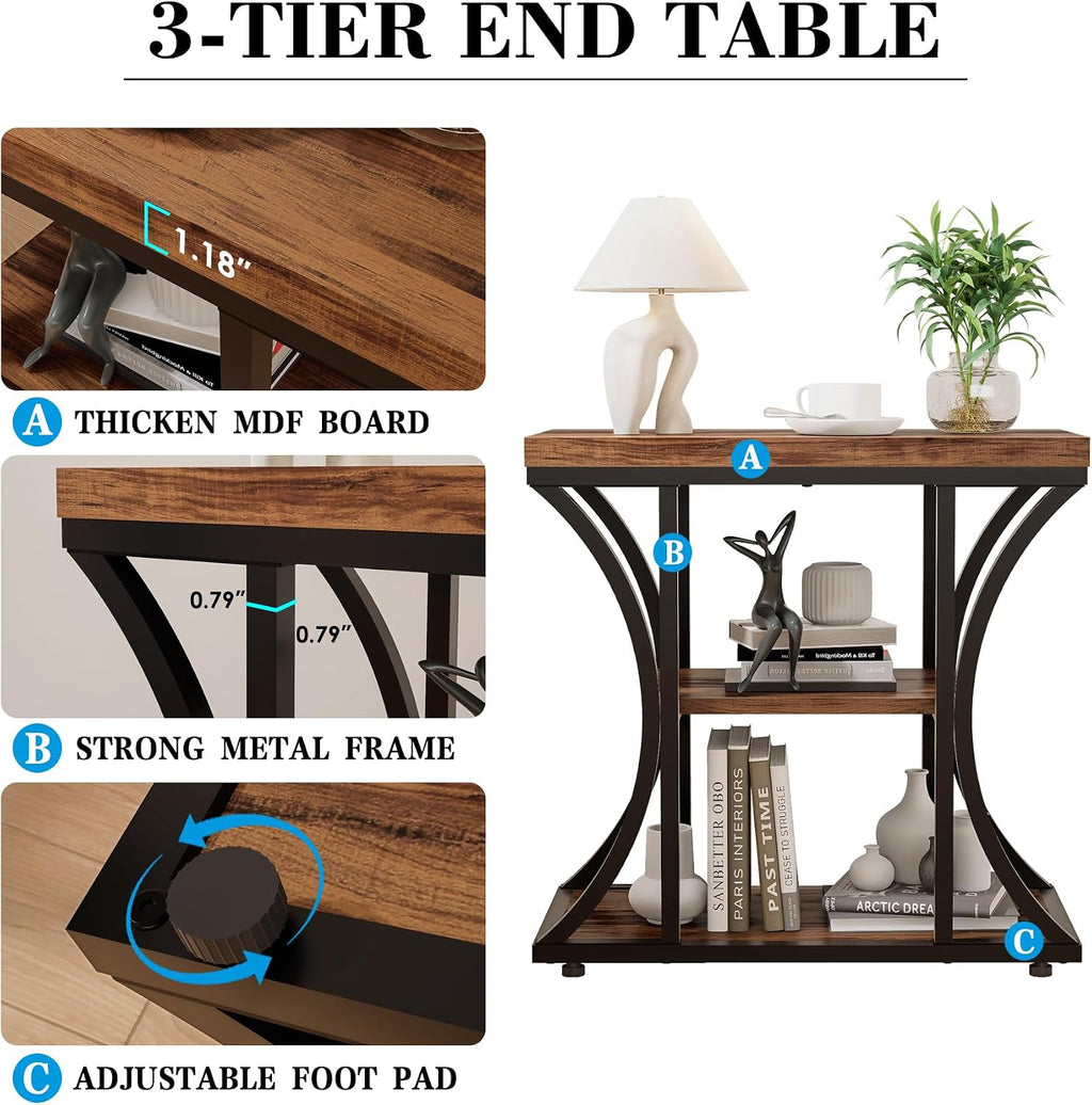 3-Tier End Table, Rustic Nightstand with Storage Shelves, Narrow Side Table for Living Room, Bedroom, Small Spaces – Wood and Metal Accent Table(Set of 2) (2, Rustic Brown)