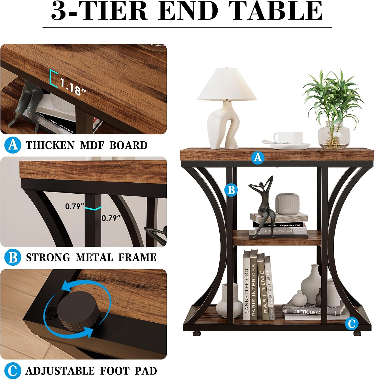 3-Tier End Table, Rustic Nightstand with Storage Shelves, Narrow Side Table for Living Room, Bedroom, Small Spaces – Wood and Metal Accent Table(Set of 2) (2, Rustic Brown)