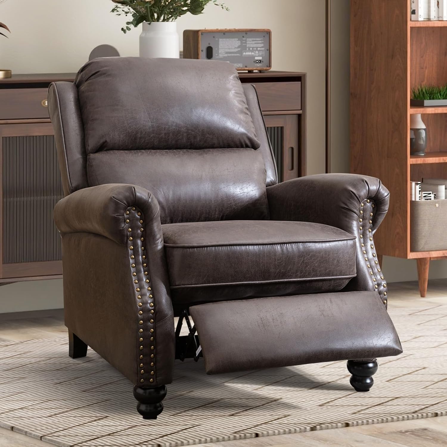CANMOV Pushback Recliner Chair Set of 2, Faux Leather Armchair Push Back Recliner with Rivet Decoration Single Sofa Accent Chair for Living Room, Dark Grey