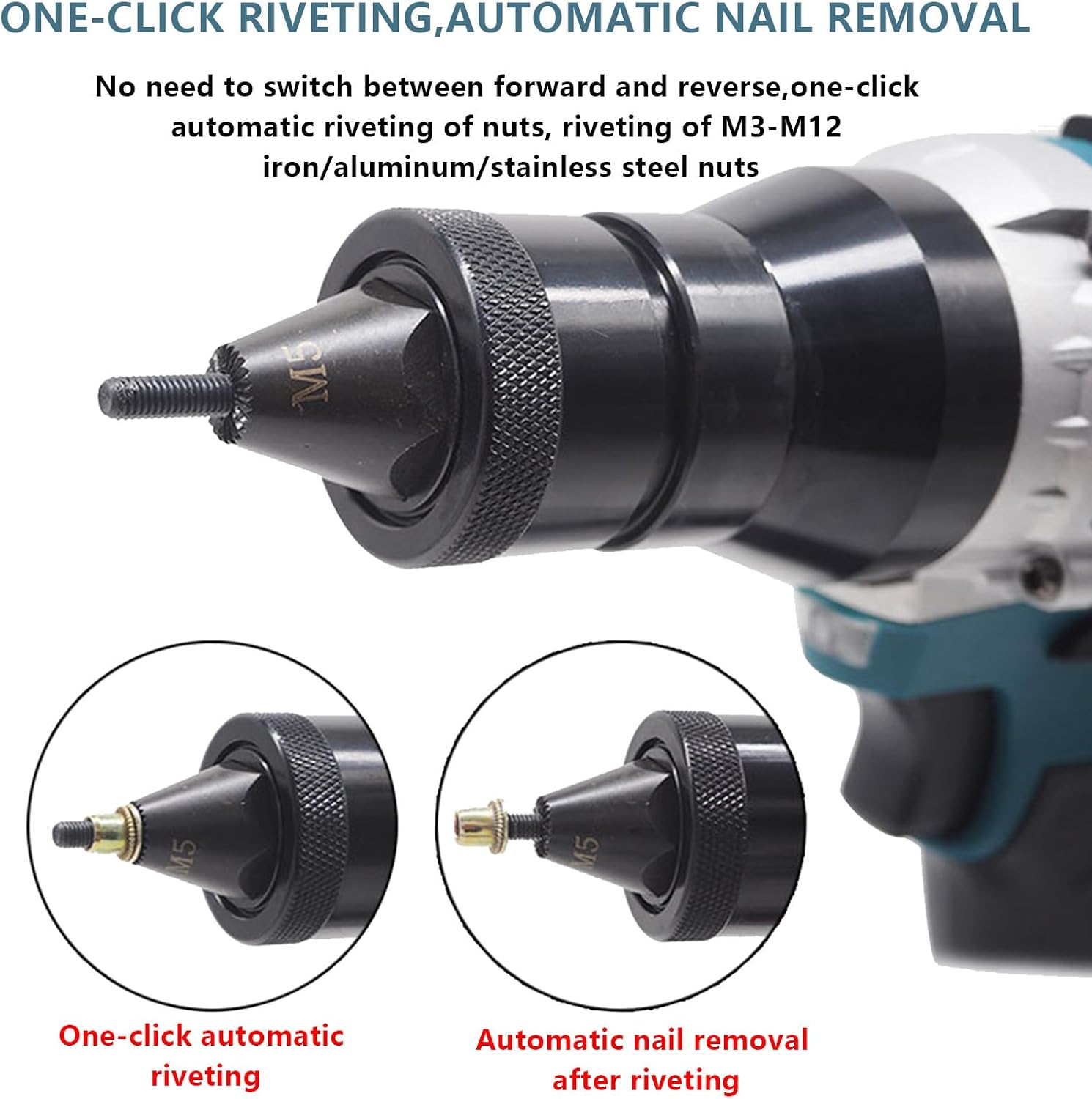 2-in-1 Cordless Rivet Gun Set, Portable Automatic Pop Rivet Tool with M3-M12 Inserts, Battery Powered for Easy Rivet Installation, Ideal for Home, Garage, and Workshop Use