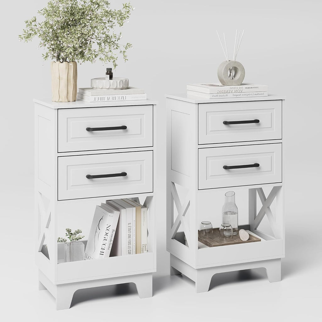 Tall Nightstand Set of 2 Side Table with 2 Drawers Modern Night Stand Wooden End Table Bedside Table with Below Open Shelf Solid Feet for Bedroom White