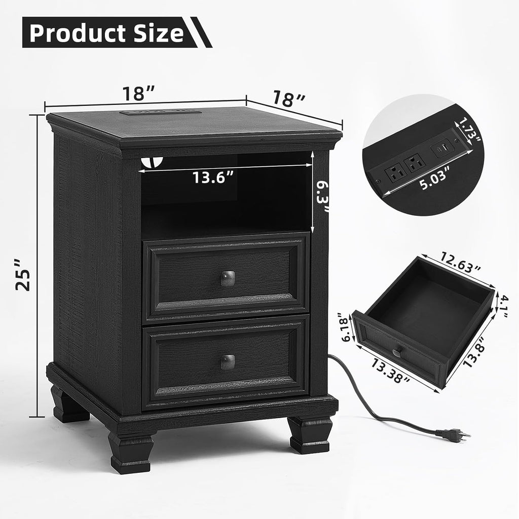 SAVOR LIFE Farmhouse Side Table with Charging Station, Rustic Black Nightstand with Drawers, Bedside Table with Open Shelf for Bedroom, Black