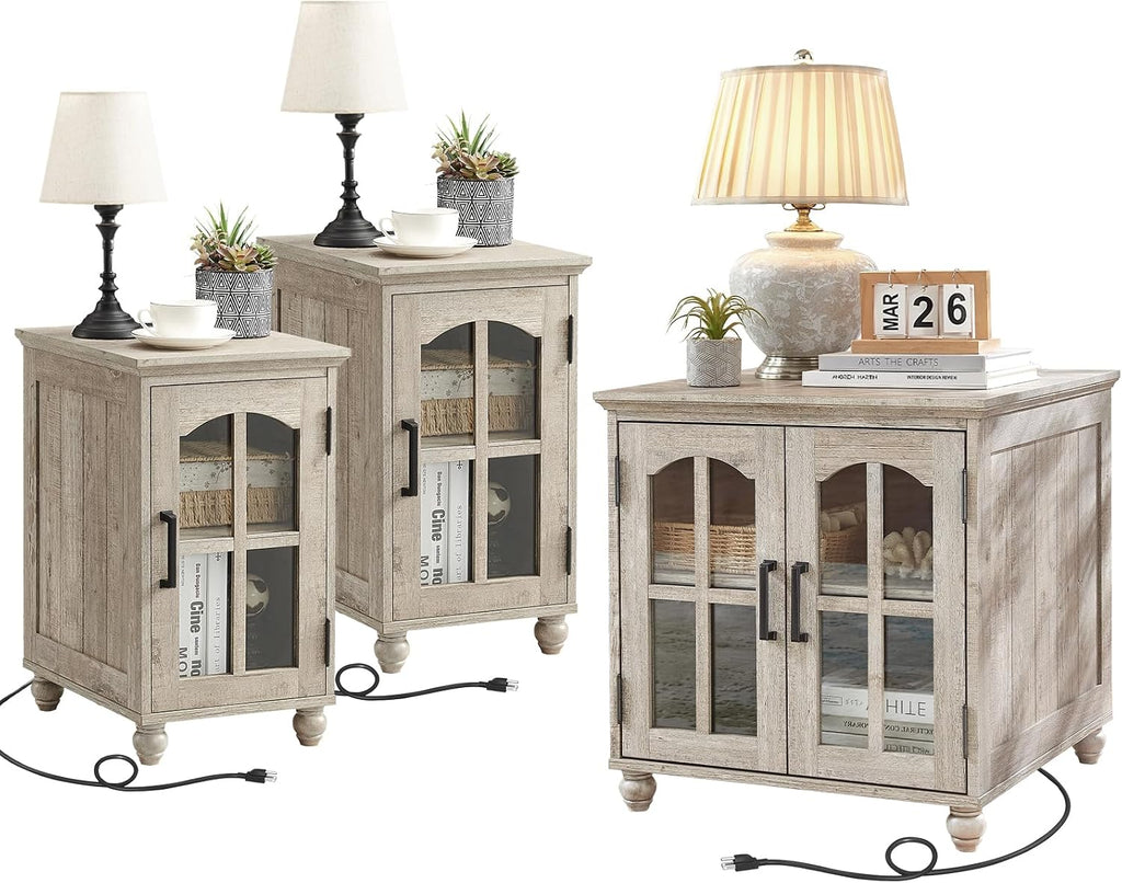 RWYHG Farmhouse End Table Set of 3 with Charging Station, 18'' Narrow Side Table and 24' Large Sofa Side Table with Glass Barn Door Storage, Wood Night Stand Bedside Table for Living Room,Bedroom