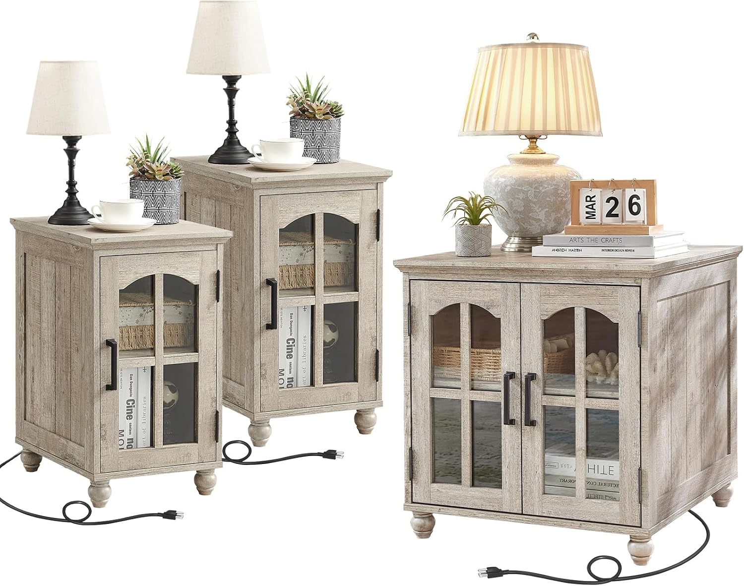 RWYHG Farmhouse End Table Set of 3 with Charging Station, 18'' Narrow Side Table and 24' Large Sofa Side Table with Glass Barn Door Storage, Wood Night Stand Bedside Table for Living Room,Bedroom