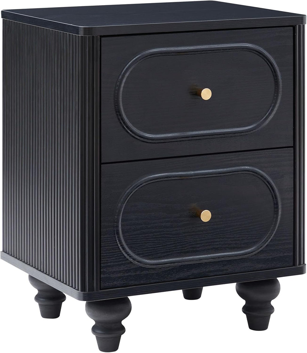 2 Drawer Fluted Nightstand Set of 2, Mid Century Modern Farmhouse Night Stand Small End Table Bedside Table for Bedroom, Living Room, Black