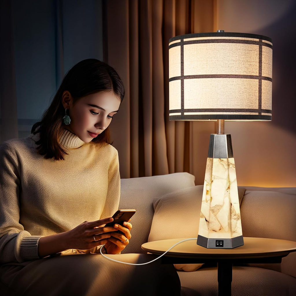 KIVDITZO 27' Alabaster Table Lamps for Living Room, Bedroom Lamps Set of 2 with Night Light, Living Room Lamps with USB A+C Ports, Table Lamp with Linen Shade for Bedside (Bulbs Included)
