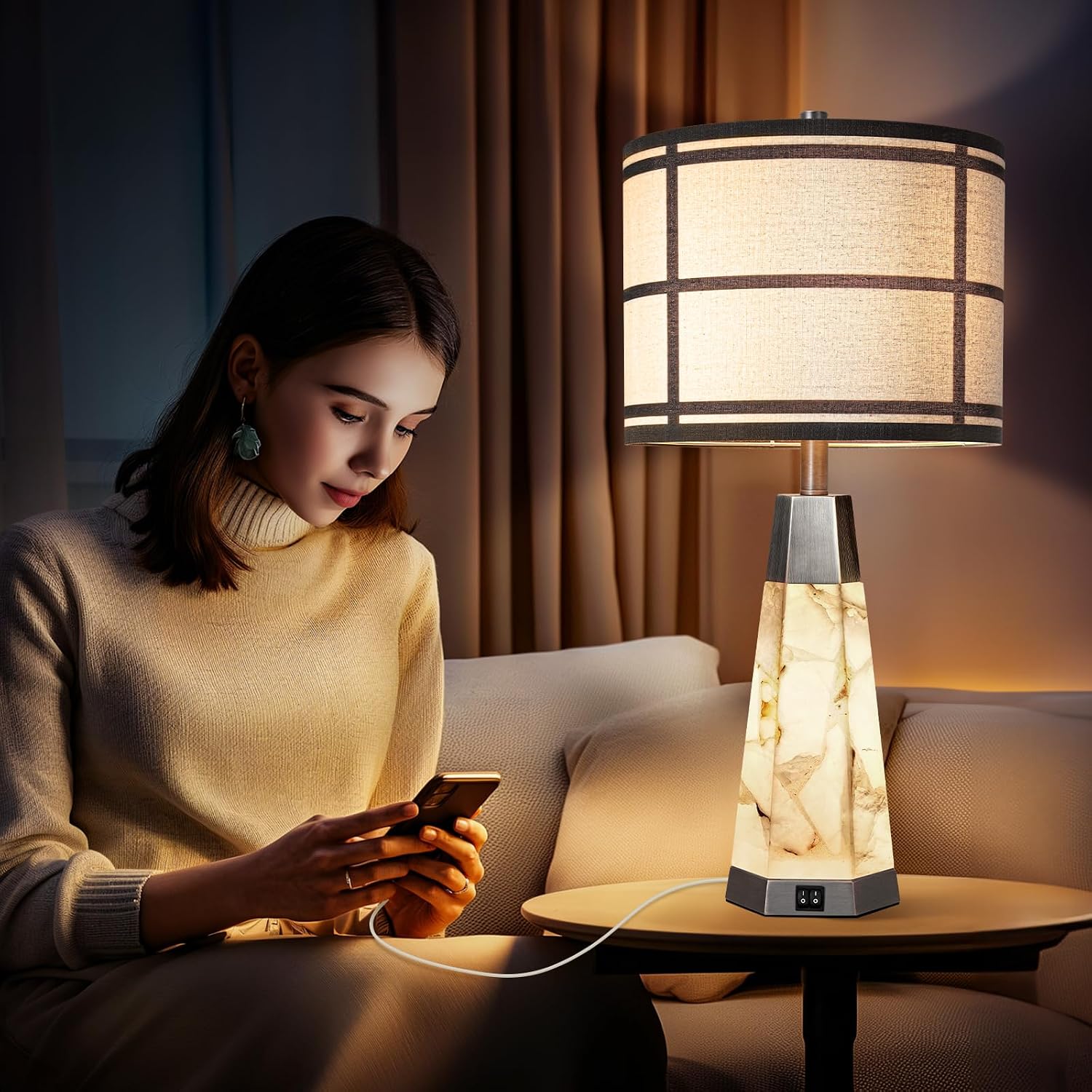 KIVDITZO 27' Alabaster Table Lamps for Living Room, Bedroom Lamps Set of 2 with Night Light, Living Room Lamps with USB A+C Ports, Table Lamp with Linen Shade for Bedside (Bulbs Included)