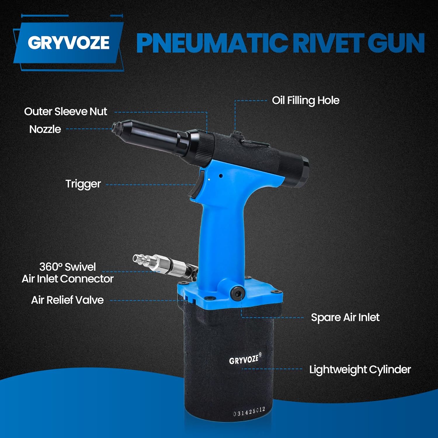 Pneumatic Rivet Gun Air Pop Riveter Tool Kit with 1/8', 5/32', 3/16', 1/4' Rivet Nozzles, Pneumatic Riveting Gun, Upgraded Air Riveter Hydraulic Pop Riveting Rivets Tool, No-Self-Suction