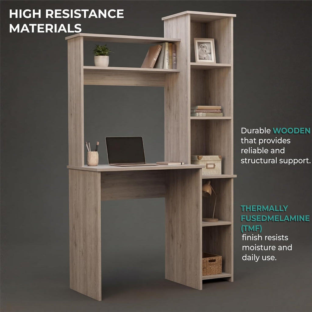 Tuhome Versalles Writing Desk with Two Superior Shelves, Five Side Open Storage Compartments, Space-Saving Modern Workstation Design for Studios and Offices, Ideal for Organization