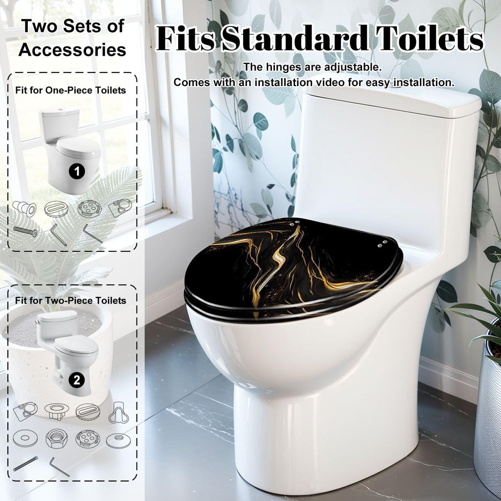 Elongated Toilet Seat Marble texture wall surface black gold ink pattern graphic granite Resin Toilet Seat Slow Quiet Close Lid with Quick-Release Hinges Cover Bumpers Easy to Clean Install