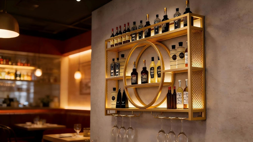 Wall Mounted Wine Rack with LED Light, 39.4' Bar Shelves and Glass Holder, Industrial Metal Bar Shelf Wall Mounted Wine Rack for Kitchen, Bar, Dining Room (Gold, 100cm/39.4in)