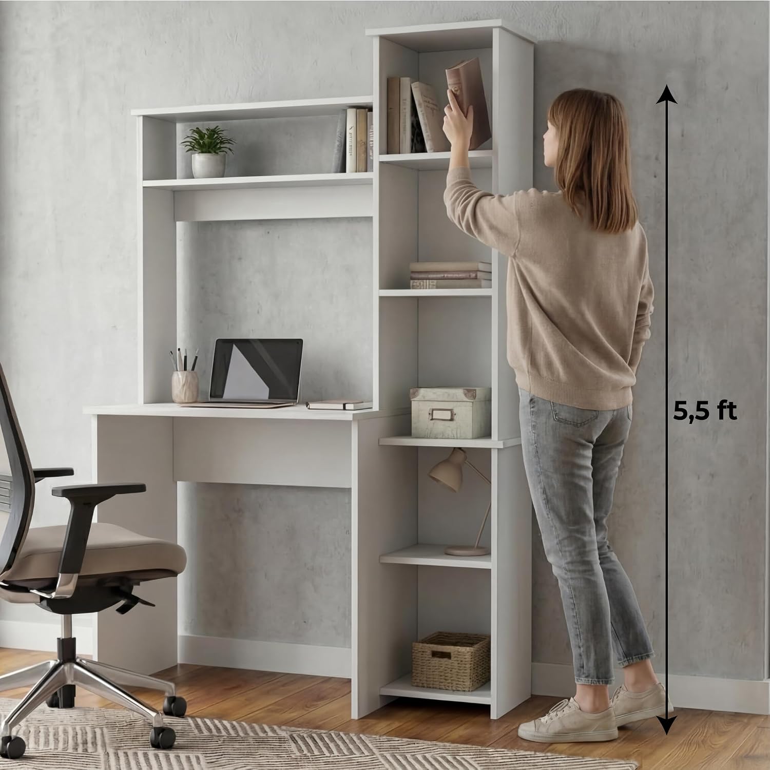 Tuhome Versalles Writing Desk with Two Superior Shelves, Five Side Open Storage Compartments, Space-Saving Modern Workstation Design for Studios and Offices, Ideal for Organization, Books