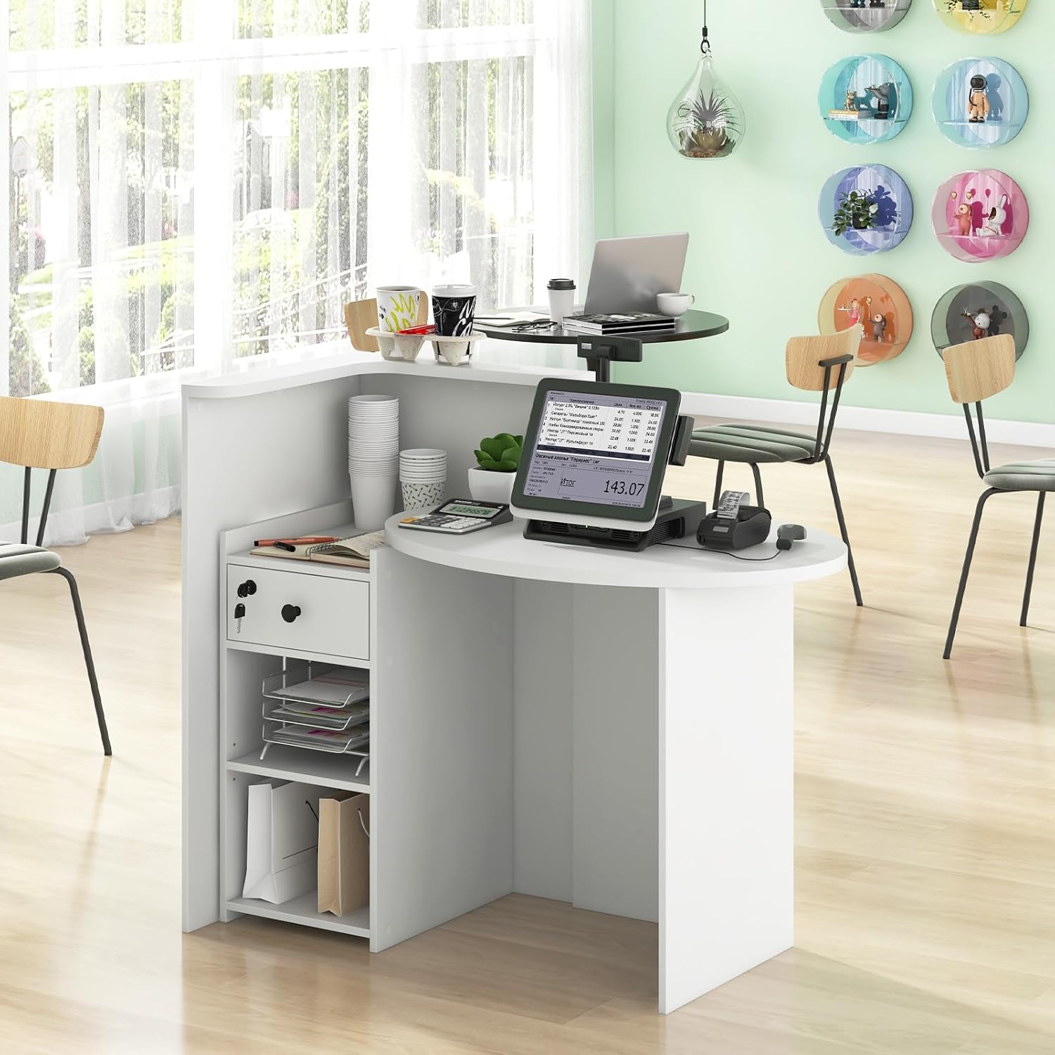Giantex Reception Desk, Front Counter Desk with Lockable Drawer, Checkout Table with Round Tabletop, Corner Shelf & Adjustable Shelf for Office Beauty Salon Retail Store (White)